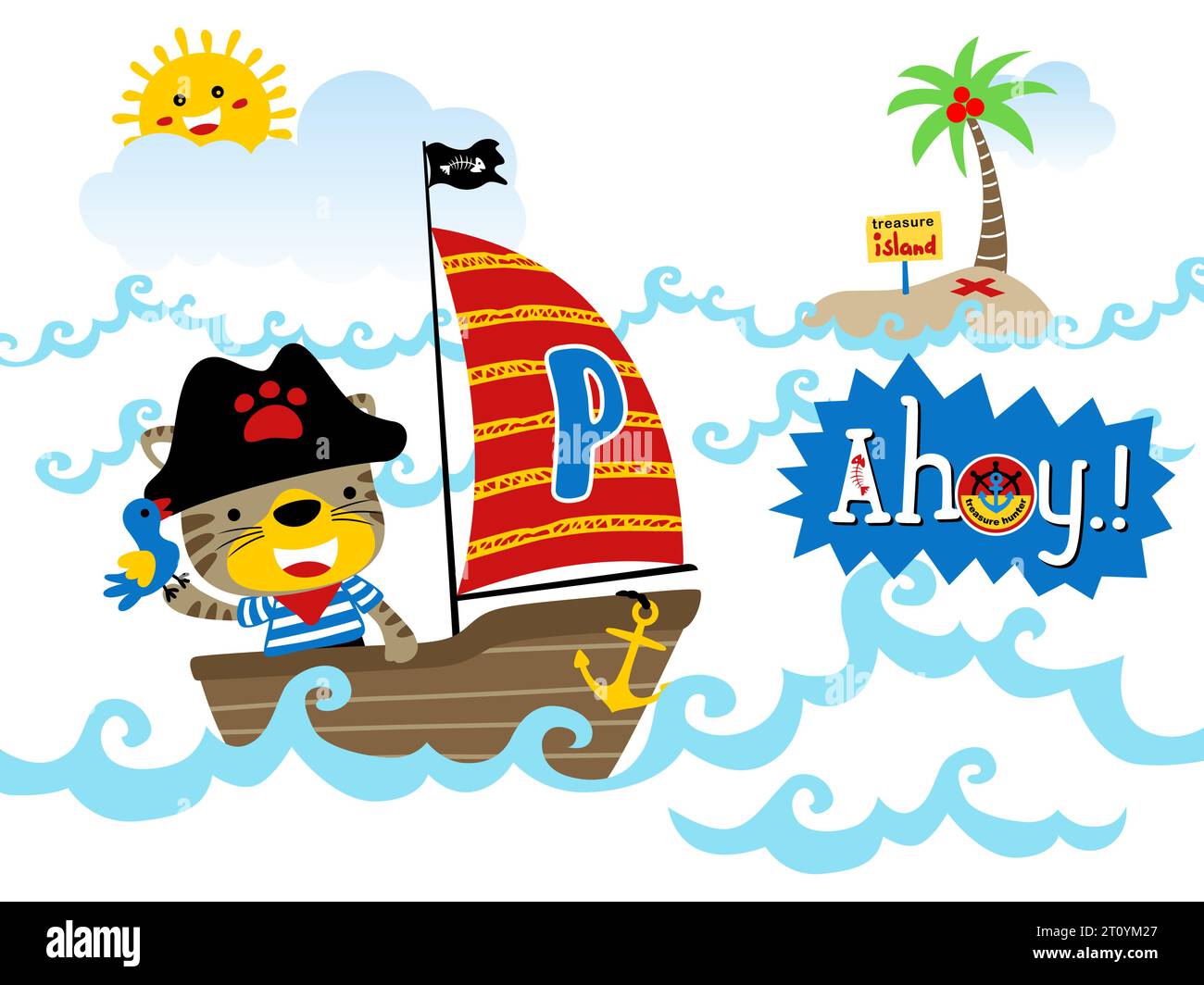 Cartoni animati vettoriali di gatto divertente in costume pirata con un uccello sulla barca a vela, illustrazione degli elementi pirati Illustrazione Vettoriale