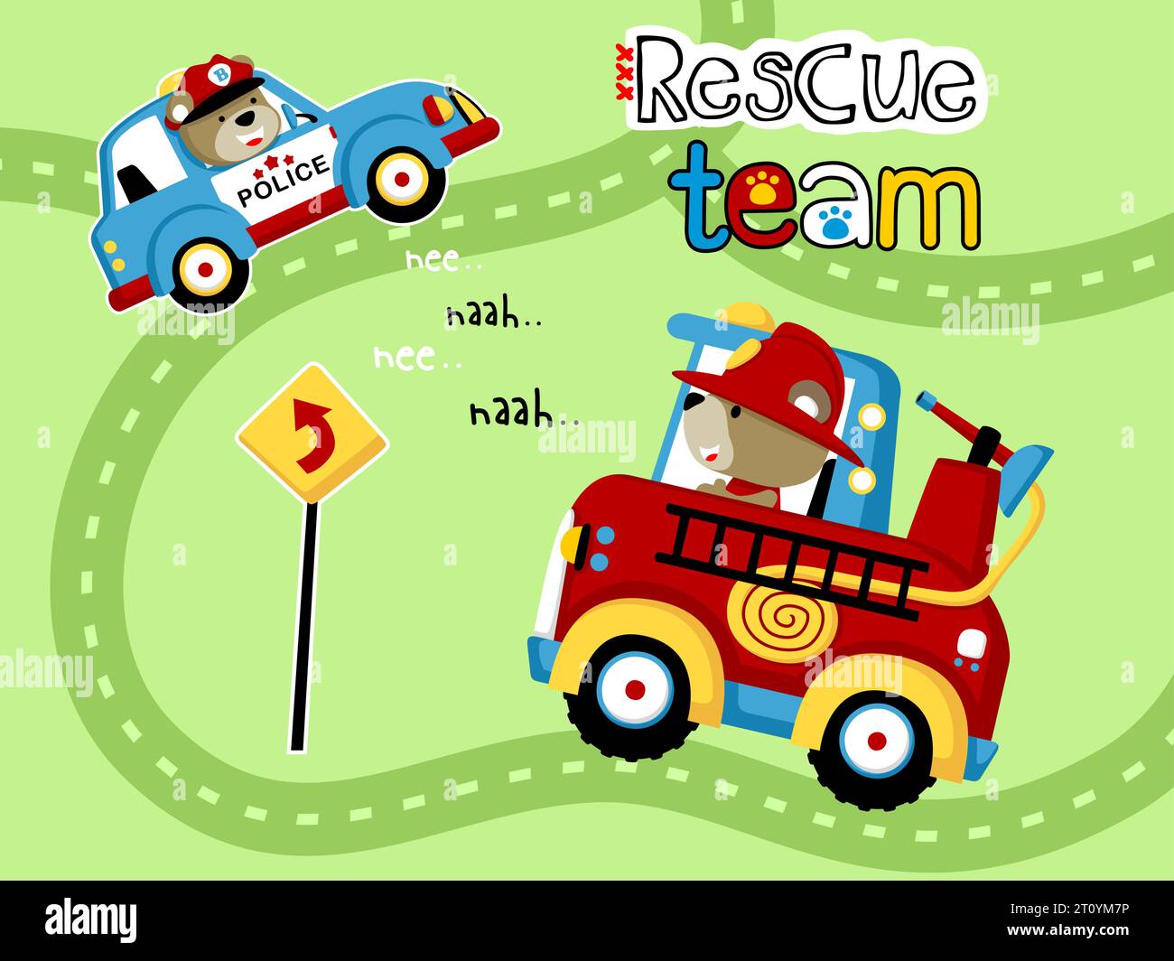 Carino orso sulla macchina della polizia e altro orso sul camion dei vigili del fuoco sulla strada. Illustrazione di cartoni animati vettoriali Illustrazione Vettoriale
