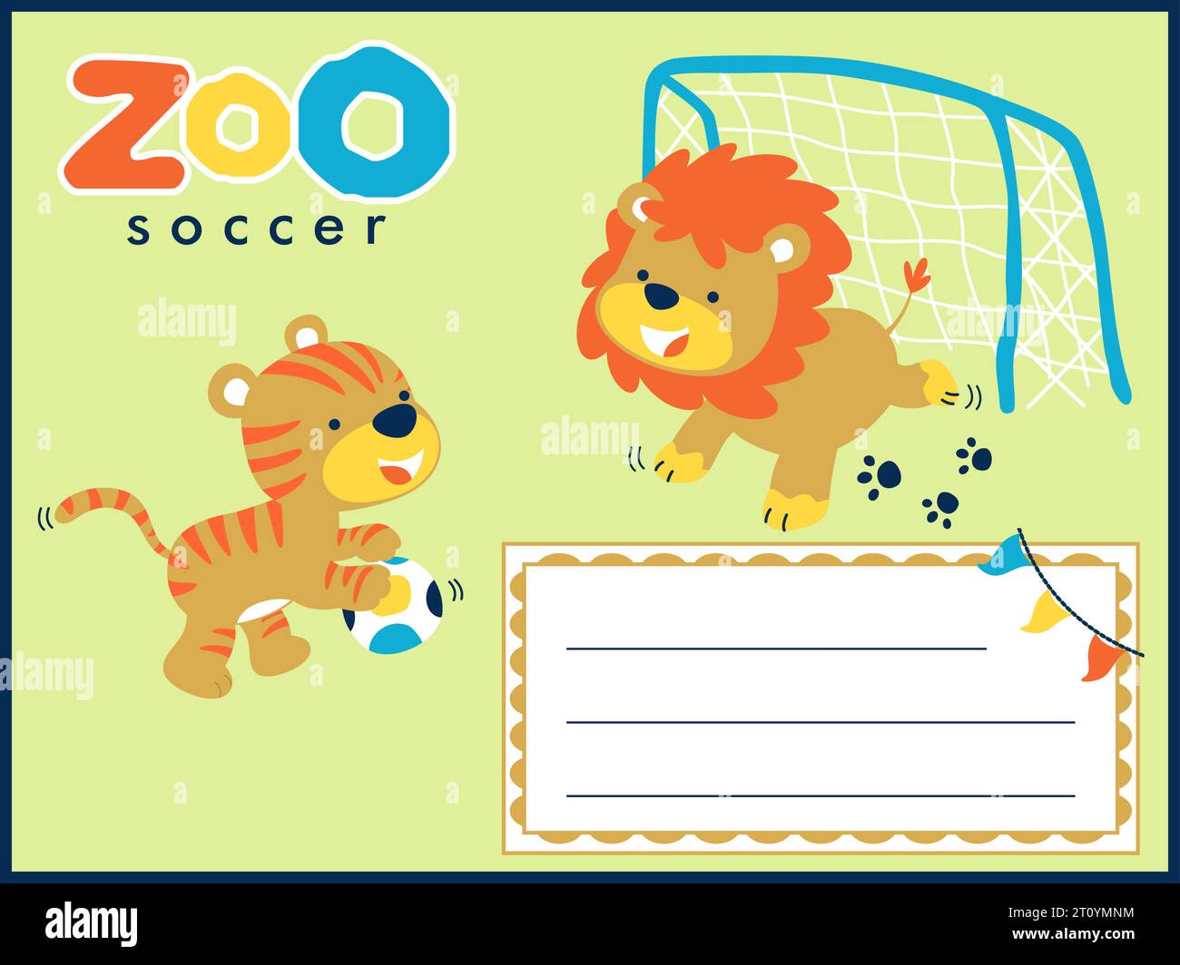 Modello di biglietto d'auguri con leoni e tigre divertenti che giocano a calcio. Illustrazione di cartoni animati vettoriali Illustrazione Vettoriale