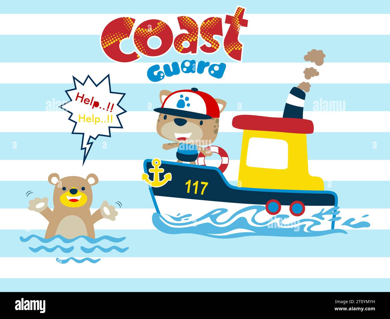 Simpatico gatto in piedi sulla barca della guardia costiera mentre tiene in mano la salvagente dato per l'orso nell'acqua. Illustrazione di cartoni animati vettoriali Illustrazione Vettoriale