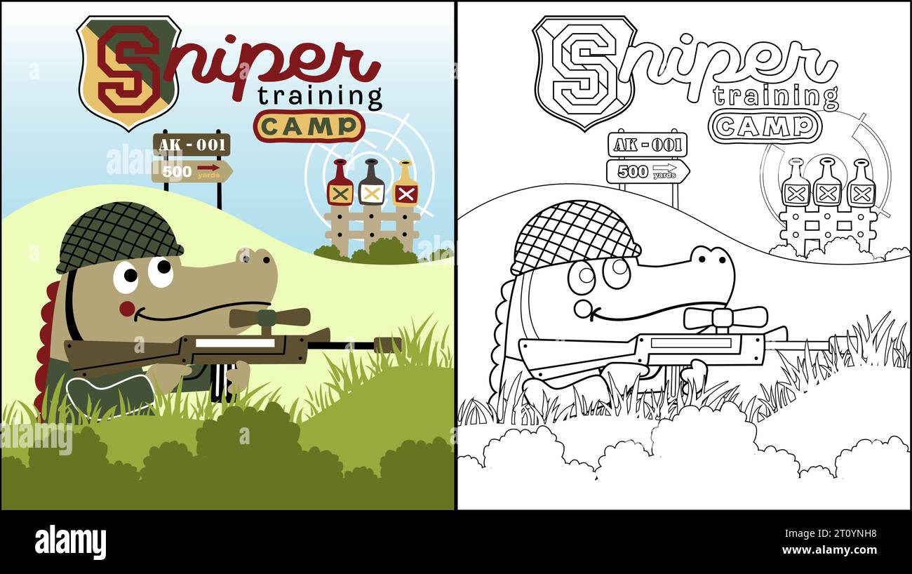 cartoni animati vettoriali di coccodrillo in costume da soldato con arma da fuoco in bottiglia Illustrazione Vettoriale