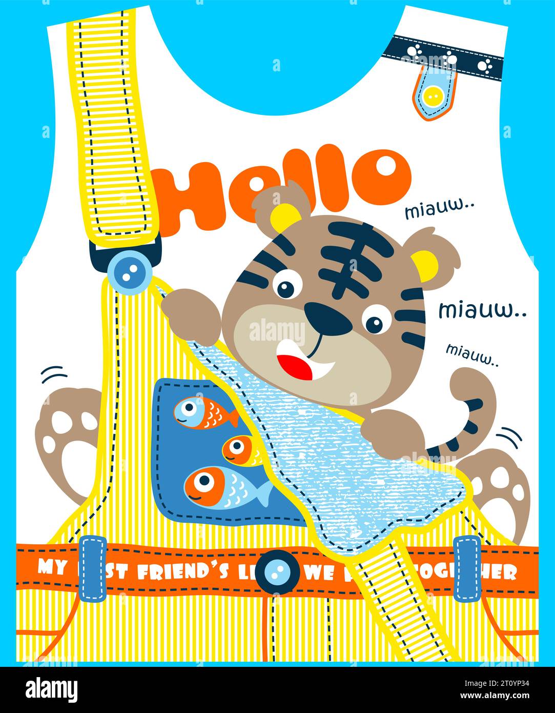 Illustrazione vettoriale del gatto dei cartoni animati con pesci sul motivo dell'abbigliamento per bambini Illustrazione Vettoriale