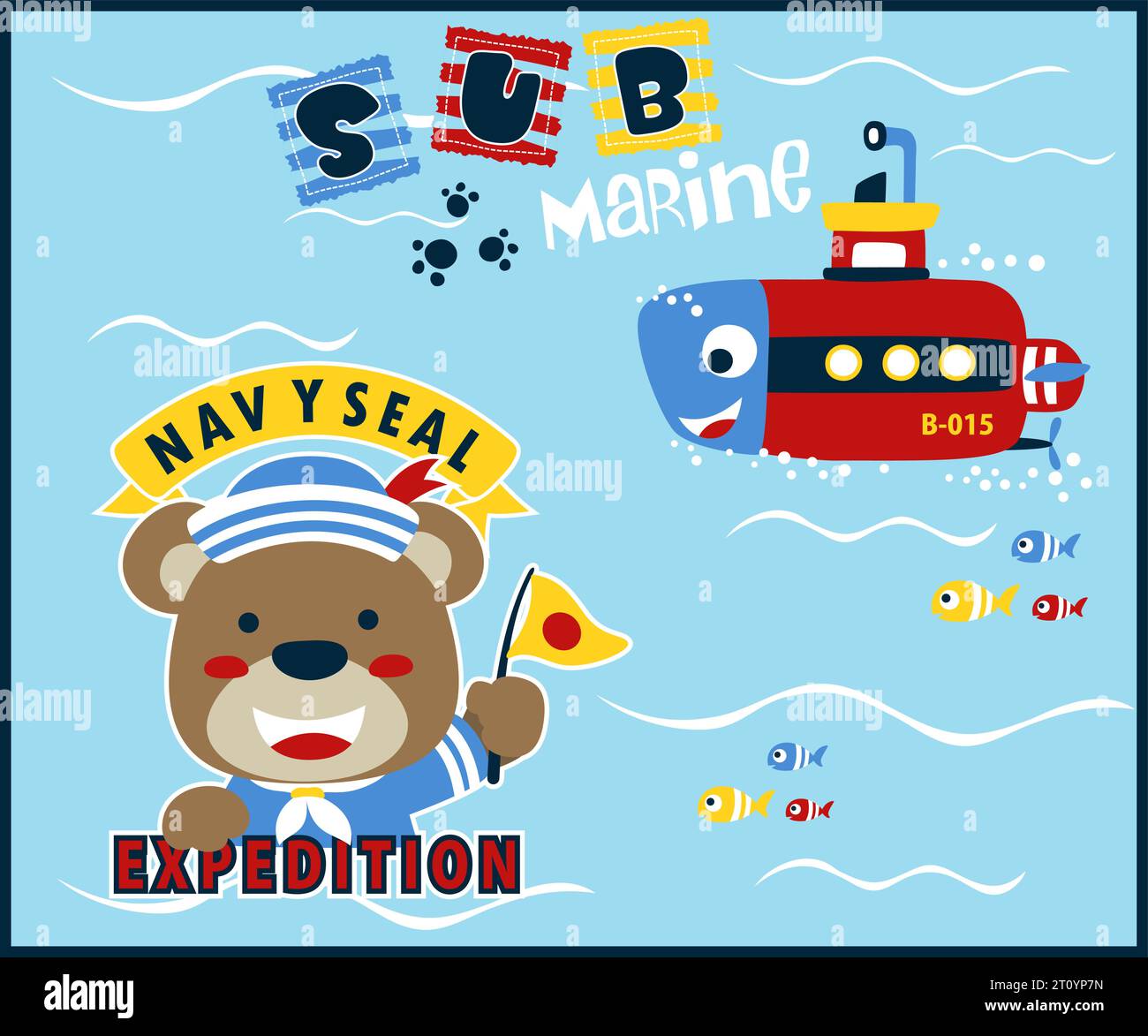 Orso dei cartoni animati in costume da marinaio con bandiera con simpatici sottomarini e pesci. Illustrazione di cartoni animati vettoriali Illustrazione Vettoriale