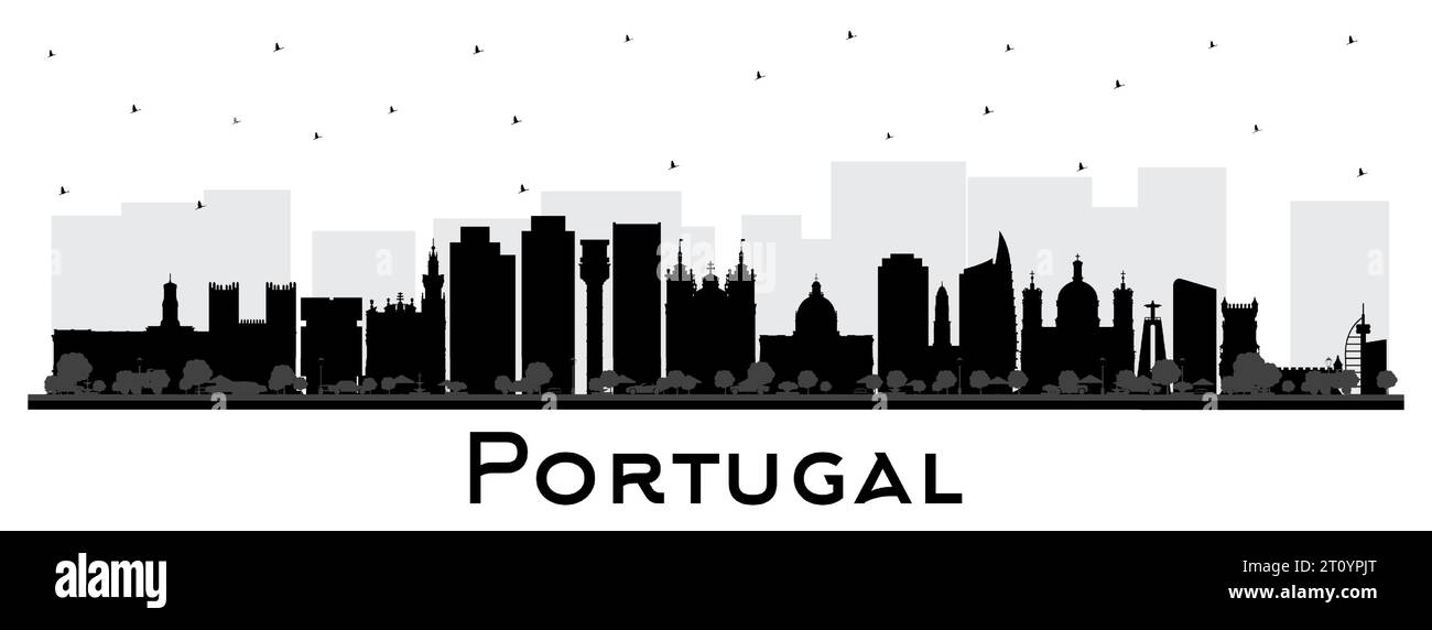 Portogallo. Profilo della città con edifici neri isolati su bianco. Illustrazione vettoriale. Concetto con architettura moderna e storica. Portogallo Illustrazione Vettoriale