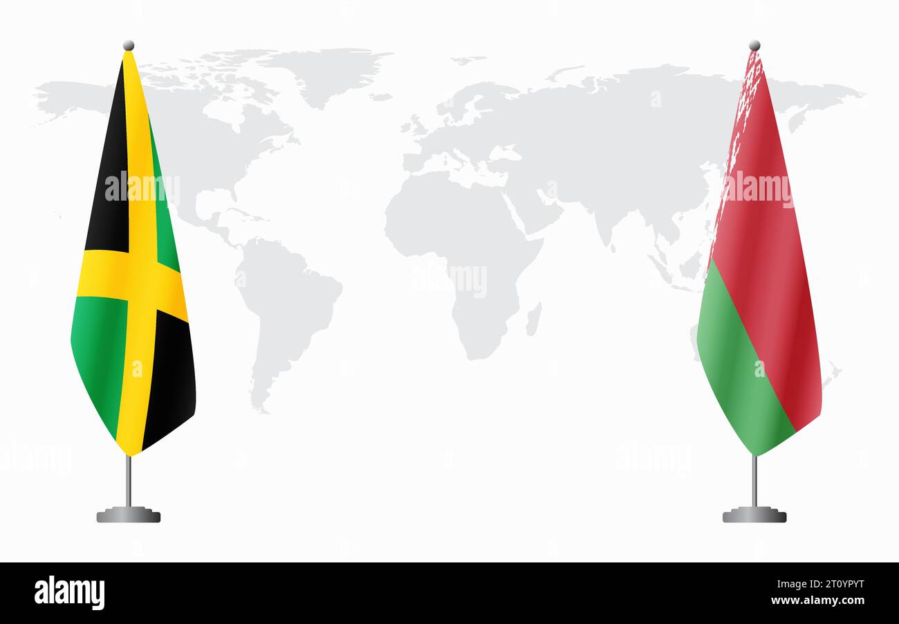 Bandiere giamaicane e bielorusse per incontri ufficiali sullo sfondo della mappa mondiale. Illustrazione Vettoriale