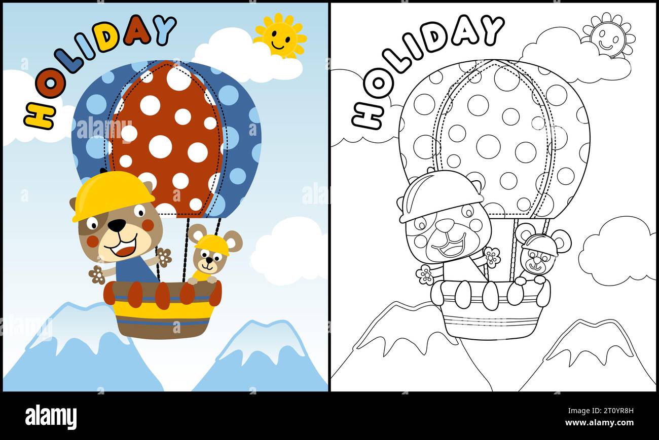 Libro da colorare di cartoni animati di gatto e topo su mongolfiera Illustrazione Vettoriale