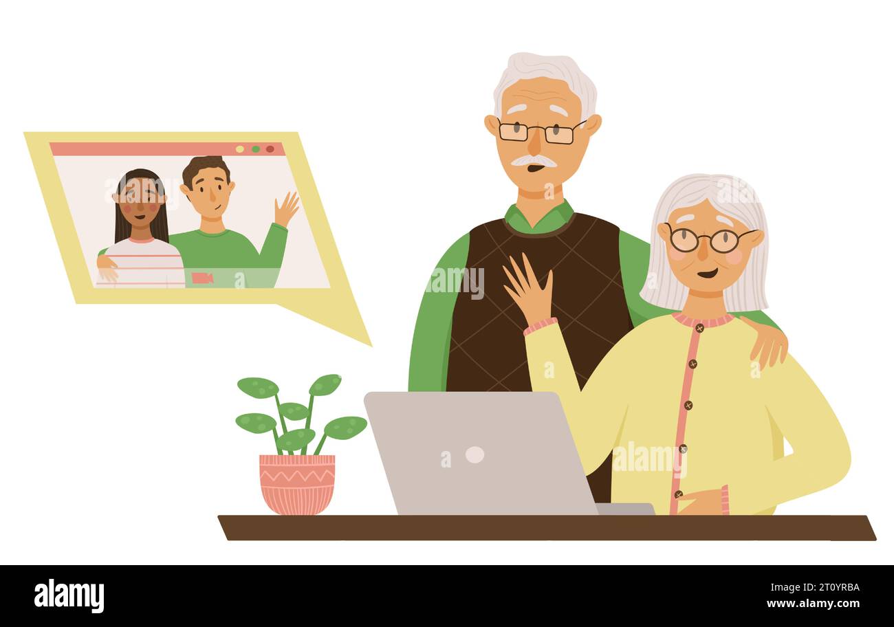 I nonni felici hanno la videochiamata con il loro nipote e la sua sposa. Tecnologie moderne per anziani. Illustrazione vettoriale Illustrazione Vettoriale