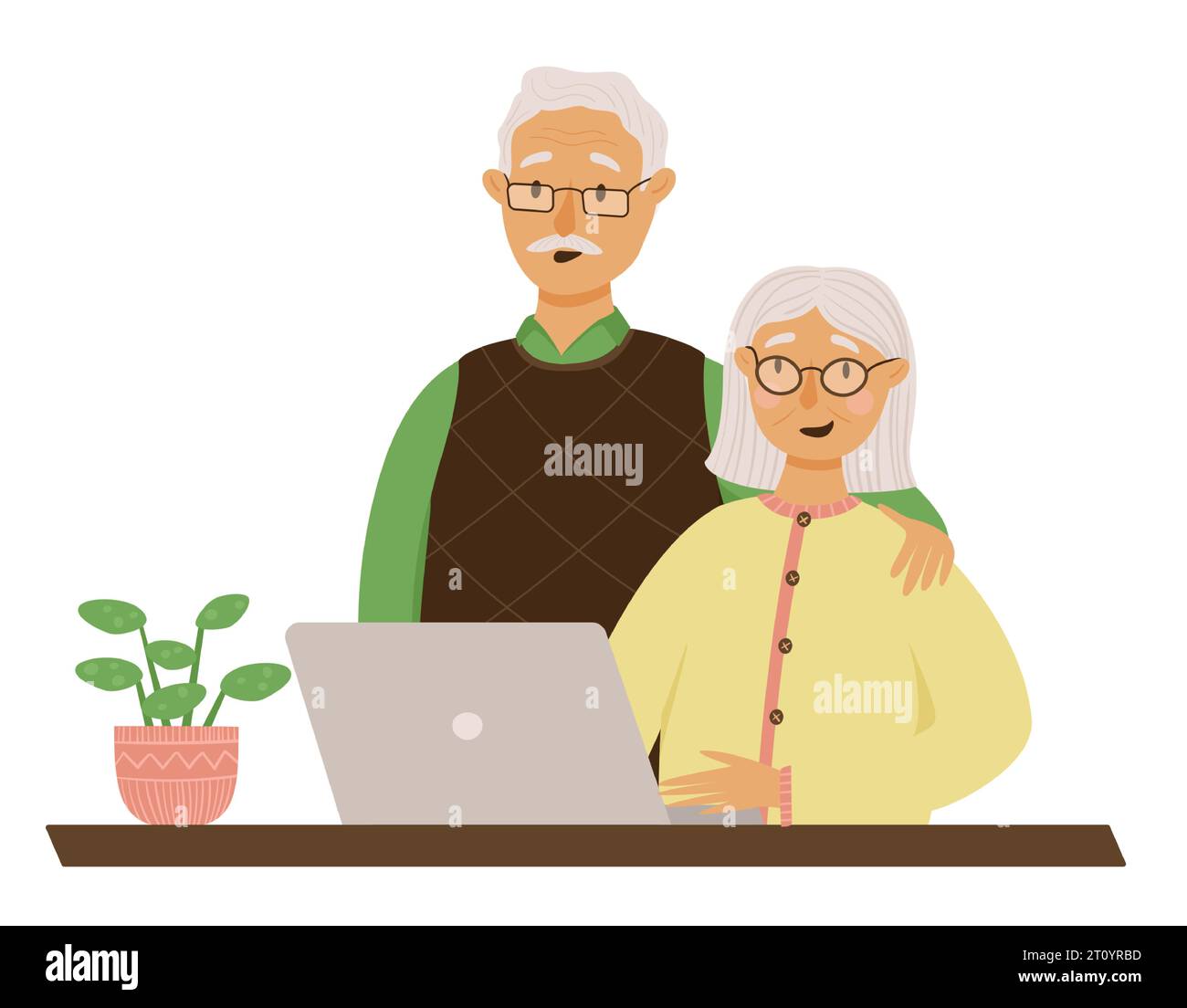 I pensionati soddisfatti stanno lavorando al computer. Una dolce nonna sta studiando online e suo marito la sostiene. Tecnologie moderne per gli anziani. Vect Illustrazione Vettoriale