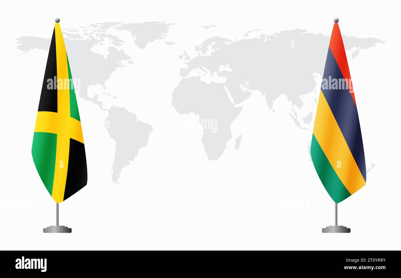 Giamaica e Mauritius bandiere per un incontro ufficiale sullo sfondo della mappa mondiale. Illustrazione Vettoriale