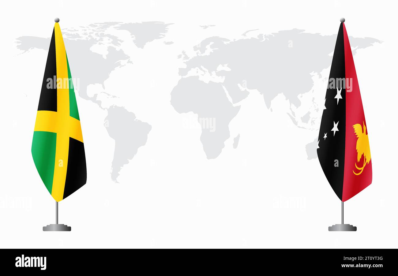 Giamaica e Papua nuova Guinea bandiere per un incontro ufficiale sullo sfondo della mappa mondiale. Illustrazione Vettoriale