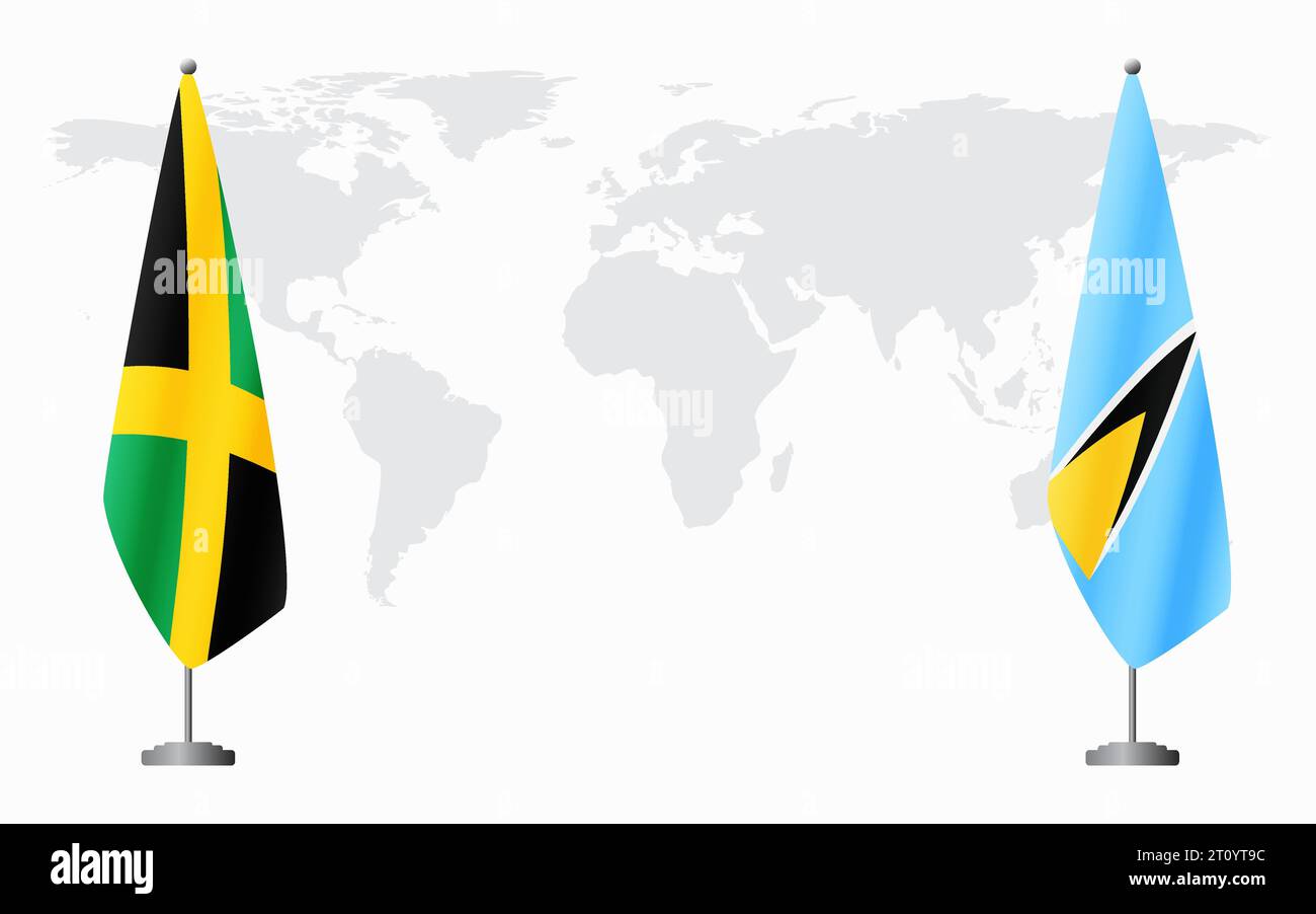 Bandiere giamaicane e Santa Lucia per l'incontro ufficiale sullo sfondo della mappa del mondo. Illustrazione Vettoriale