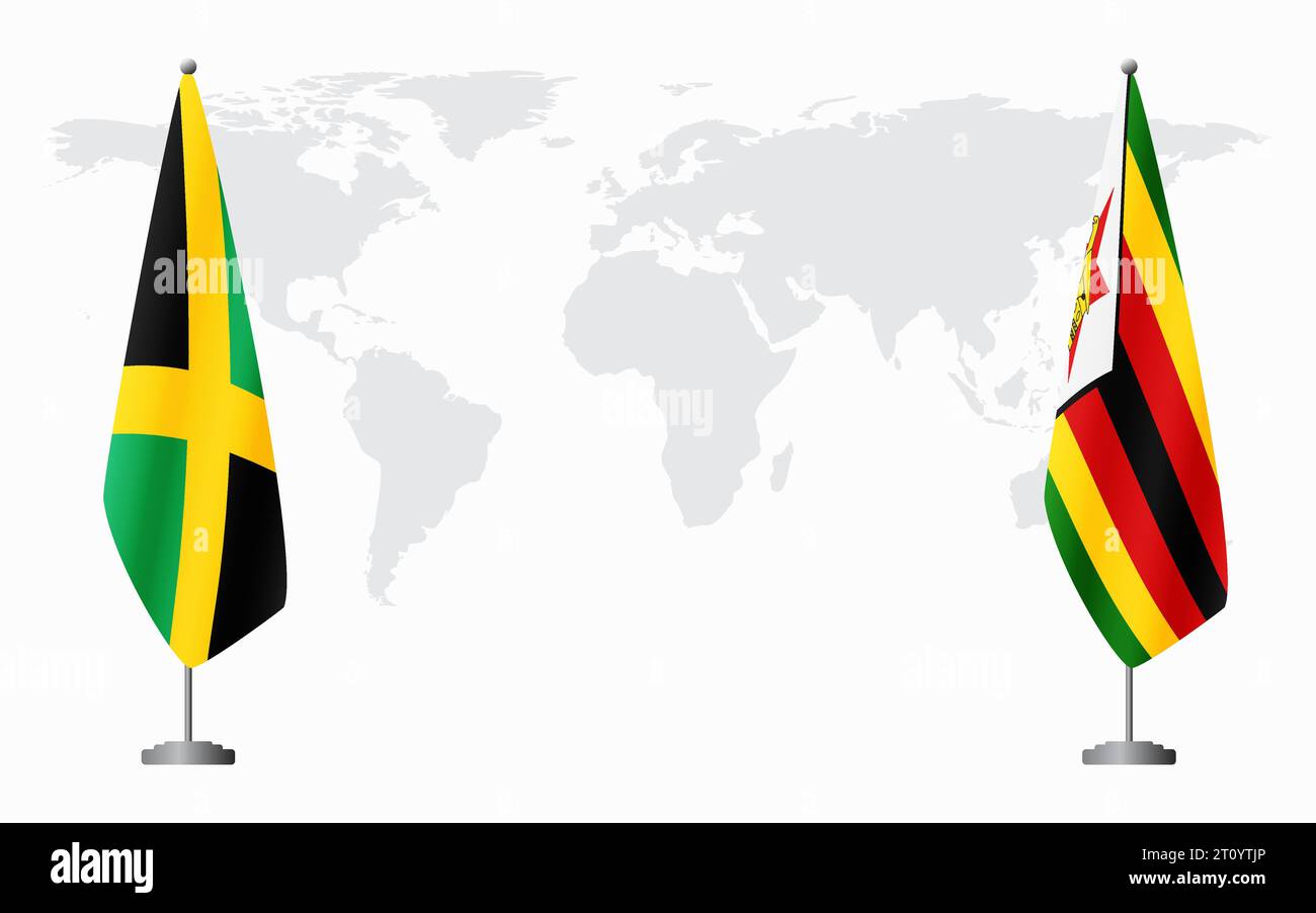 Bandiere della Giamaica e dello Zimbabwe per un incontro ufficiale sullo sfondo della mappa mondiale. Illustrazione Vettoriale