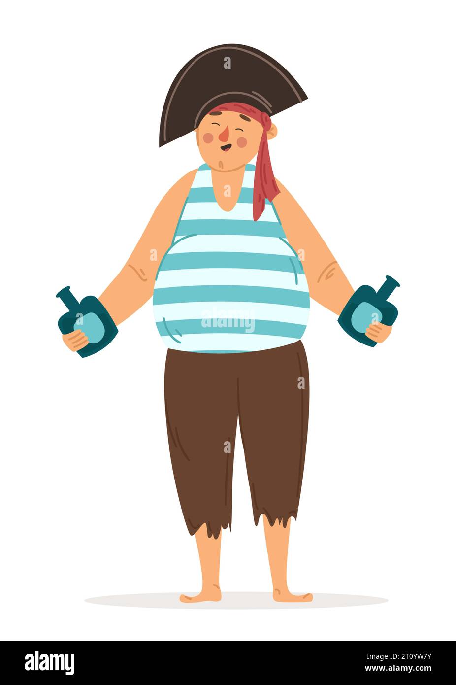 Buon pirata con due bottiglie di rum. Un ragazzo ubriaco di cabina su una nave. Illustrazione dei caratteri vettoriali in stile piatto. Uomo isolato su backgroun bianco Illustrazione Vettoriale