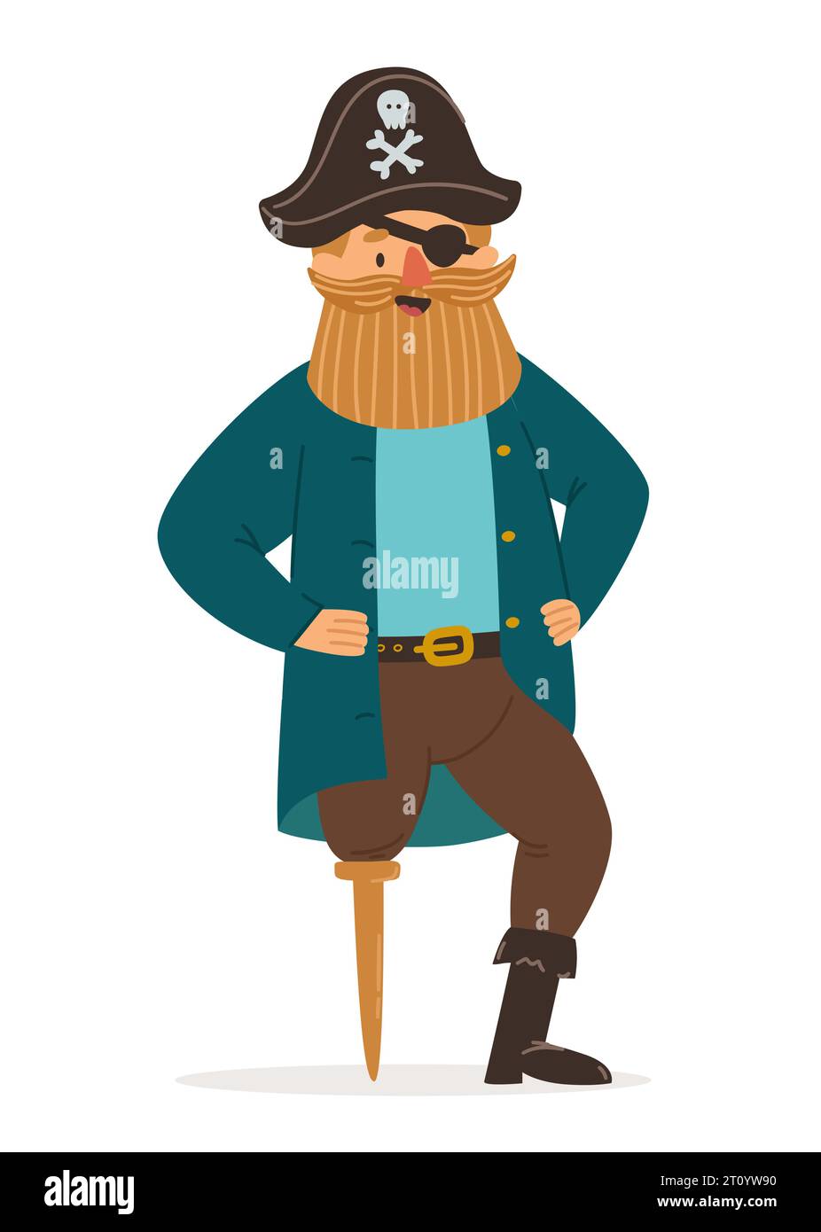 Capitano pirata con una grande barba e cappello con teschio e ossa incrociate. Pirata con una gamba e un occhio. Illustrazione dei caratteri vettoriali in stile piatto. Uomo io Illustrazione Vettoriale