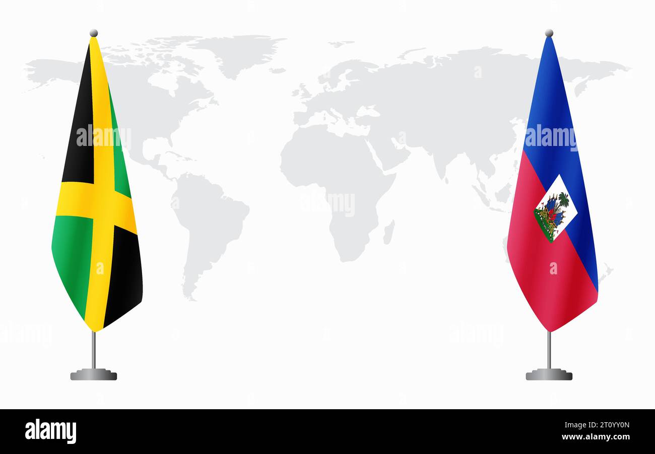 Bandiere giamaicane e Haiti per un incontro ufficiale sullo sfondo della mappa mondiale. Illustrazione Vettoriale