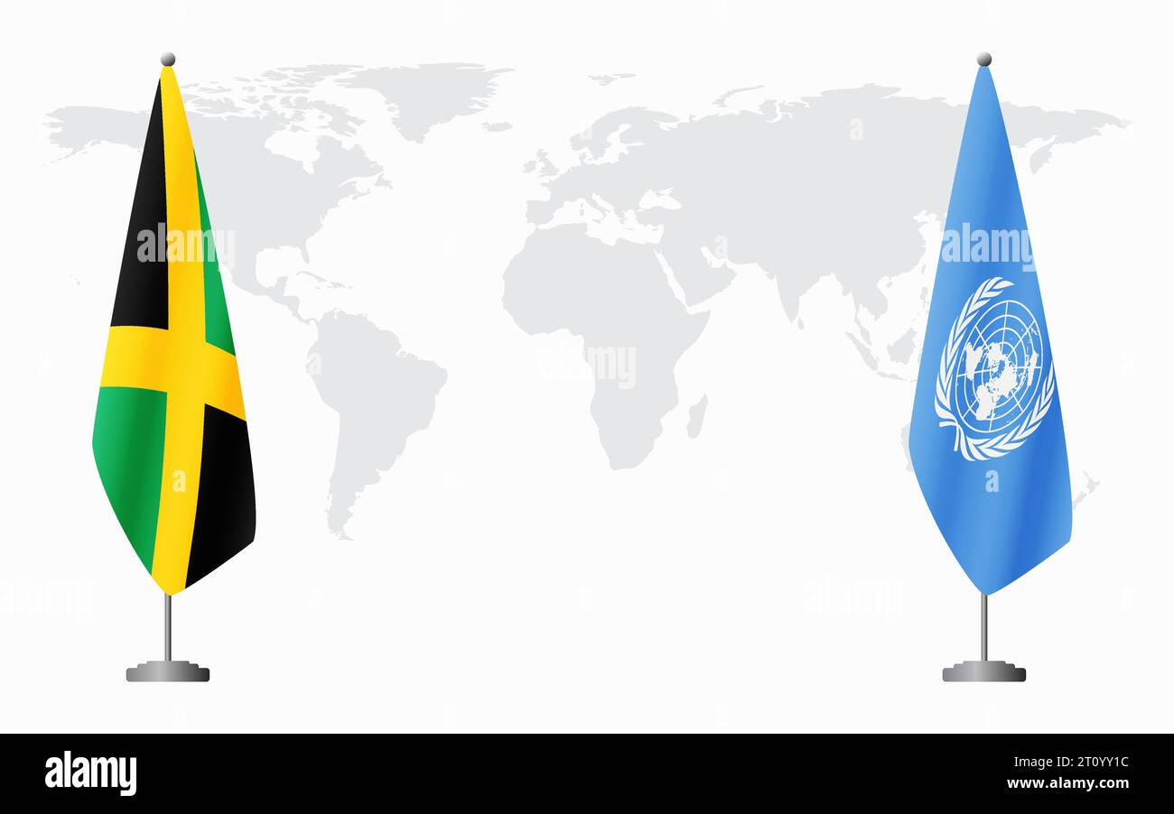 Bandiera della Giamaica e delle Nazioni Unite per un incontro ufficiale sullo sfondo della mappa mondiale. Illustrazione Vettoriale