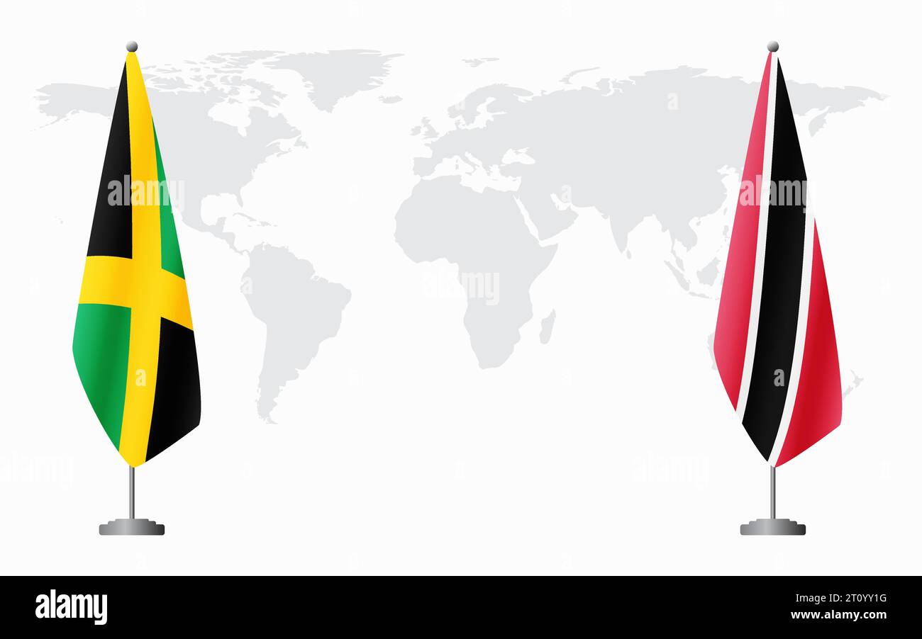 Giamaica e Trinidad e Tobago bandiere per un incontro ufficiale sullo sfondo della mappa mondiale. Illustrazione Vettoriale