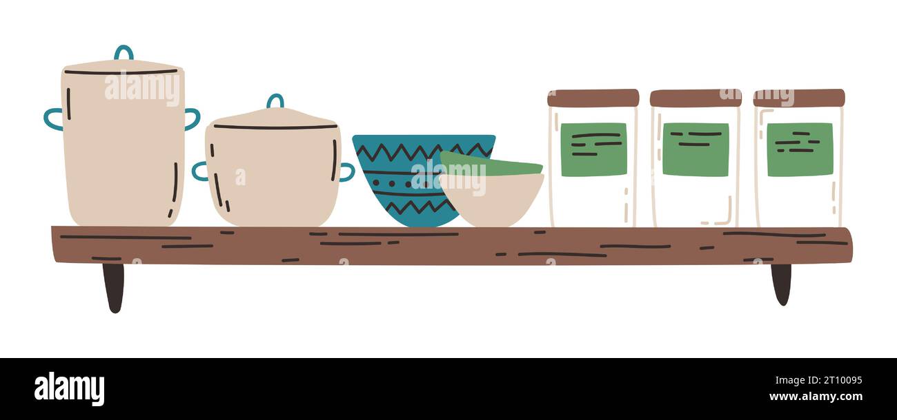 Ripiano da cucina con illustrazioni vettoriali piatte. Interno di una cucina. Padelle, ciotole e vasetti Illustrazione Vettoriale