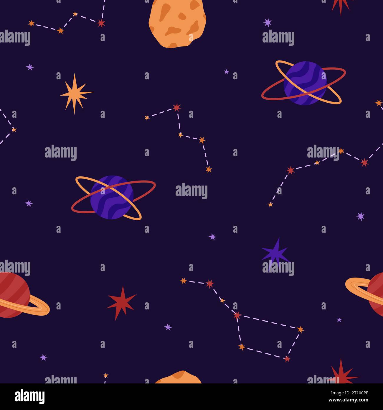 Modello cosmico senza giunture con costellazioni e pianeti. Illustrazione vettoriale. Stella, luna e costellazioni. Giornata internazionale del volo spaziale umano a Illustrazione Vettoriale