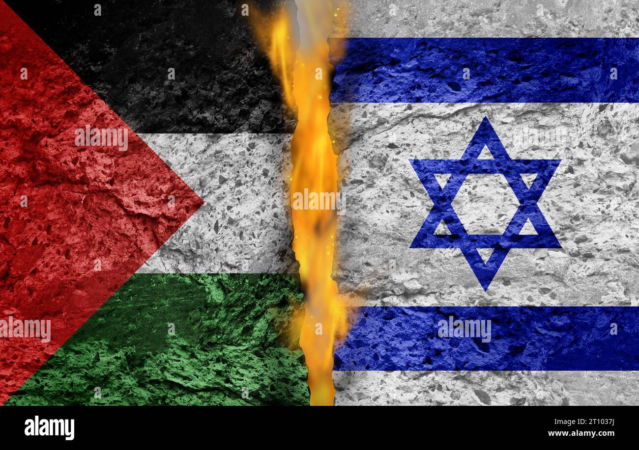 La Palestina e Israele si scontrano come guerra geopolitica e crisi tra il popolo palestinese e israeliano e la sicurezza del Medio Oriente Foto Stock