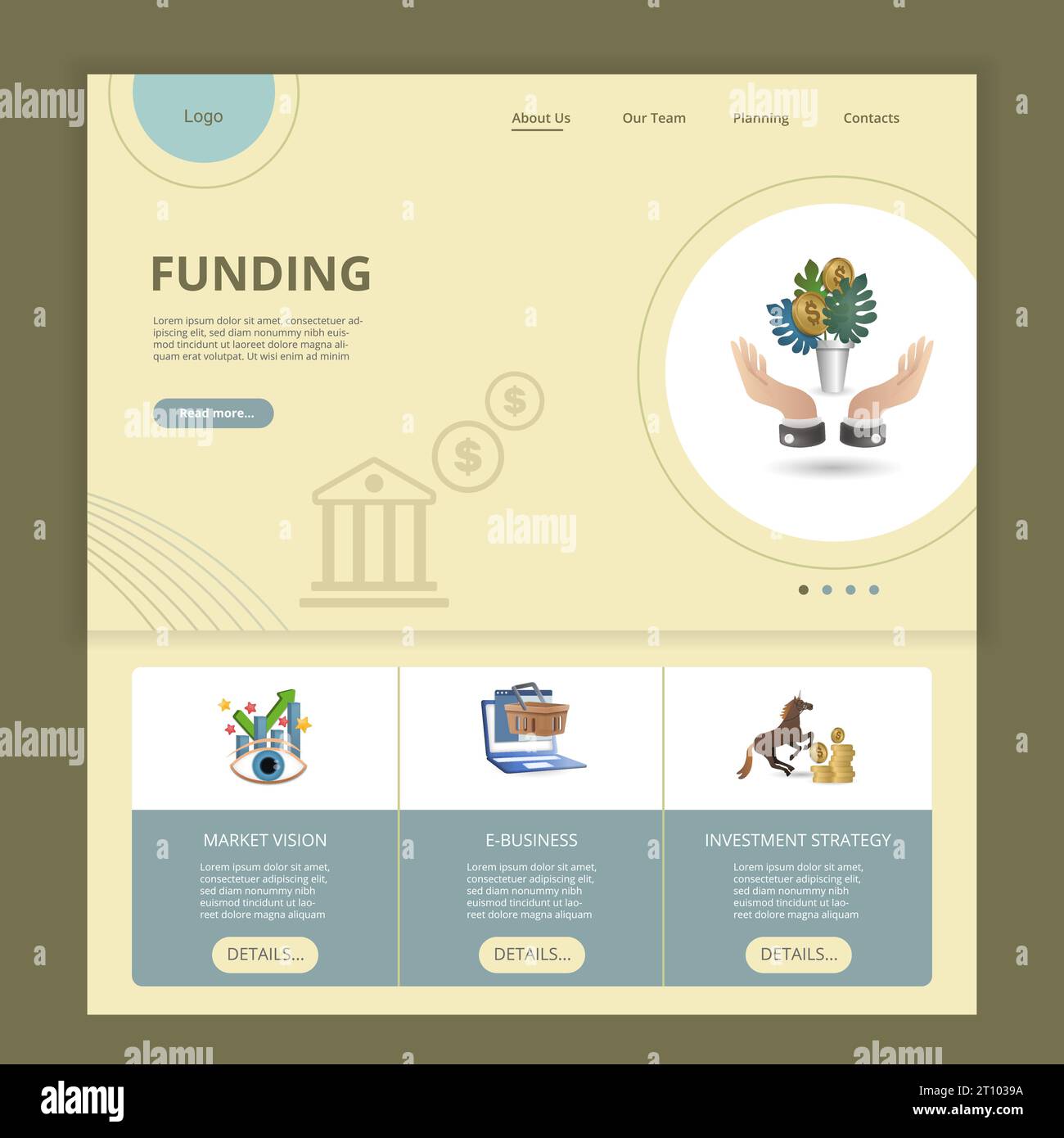 Modello di sito Web di landing page flat per il finanziamento. Visione del mercato, e-business, strategia di investimento. Banner Web con intestazione, contenuto e piè di pagina. Vettore Illustrazione Vettoriale