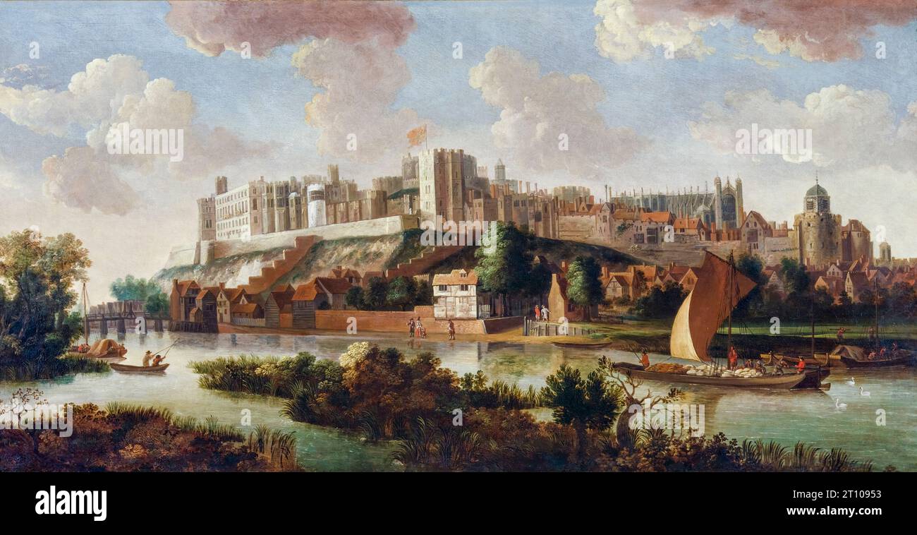 Castello di Windsor visto dal (fiume) Tamigi, paesaggio dipinto ad olio su tela dopo Jan Vorsterman, circa 1700 Foto Stock