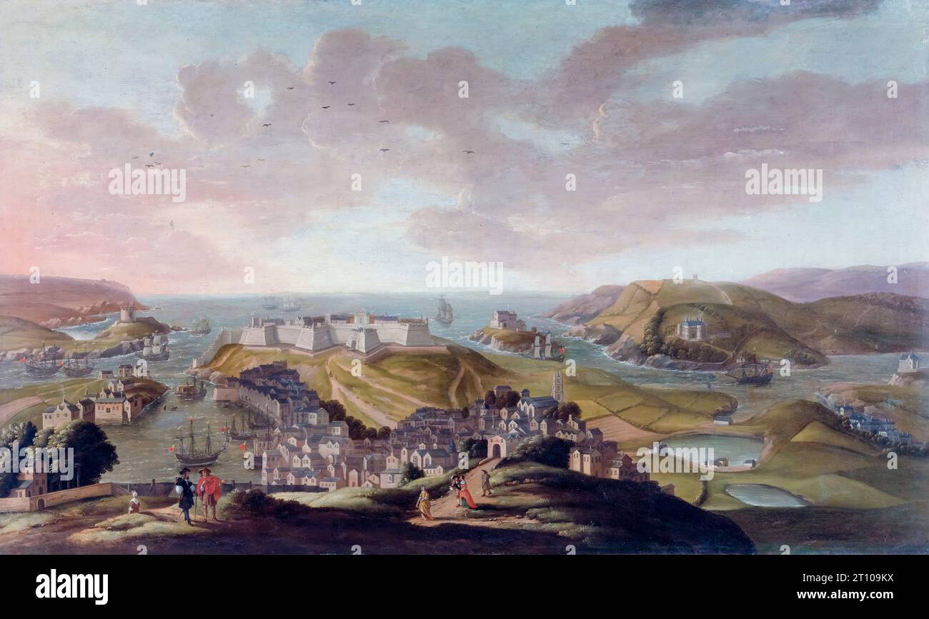 Vista del XVII secolo di Plymouth, Inghilterra, pittura di paesaggio ad olio su tela di Hendrick Danckerts, 1673 Foto Stock