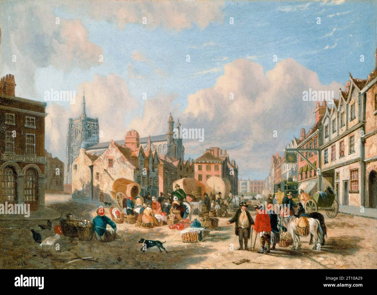 The Haymarket, Norwich, pittura di paesaggio ad olio su tavola di David Hodgson, 1825 Foto Stock