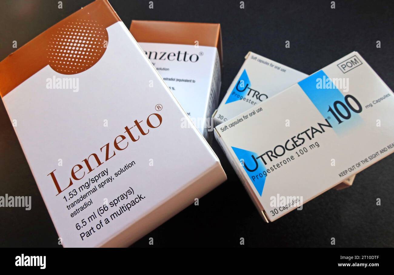 Mix britannico di terapia di sostituzione ormonale HRT, aumentare i prodotti medicinali a livello ormonale, alcuni dei quali hanno sperimentato carenze Foto Stock