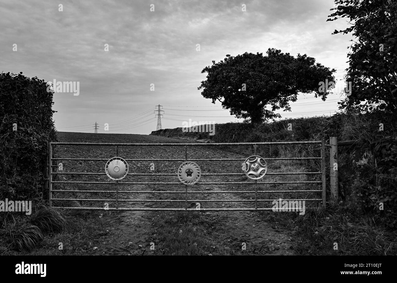 COPRIMOZZO, CANCELLO IN ACCIAIO E TRALICCI ELETTRICI Foto Stock