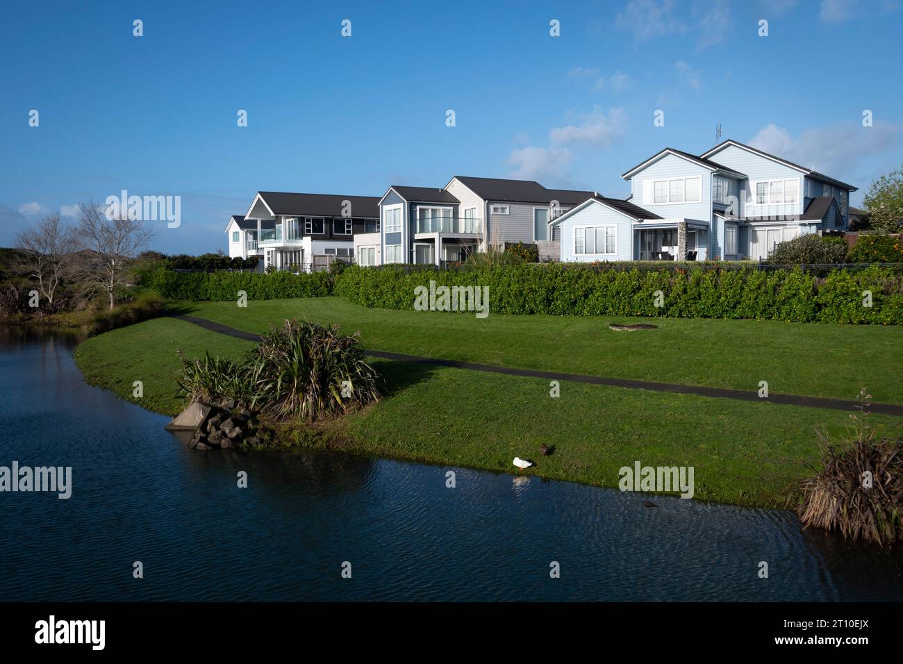 Case sul lago nel moderno sobborgo di Karaka, Auckland, Isola del Nord, nuova Zelanda Foto Stock