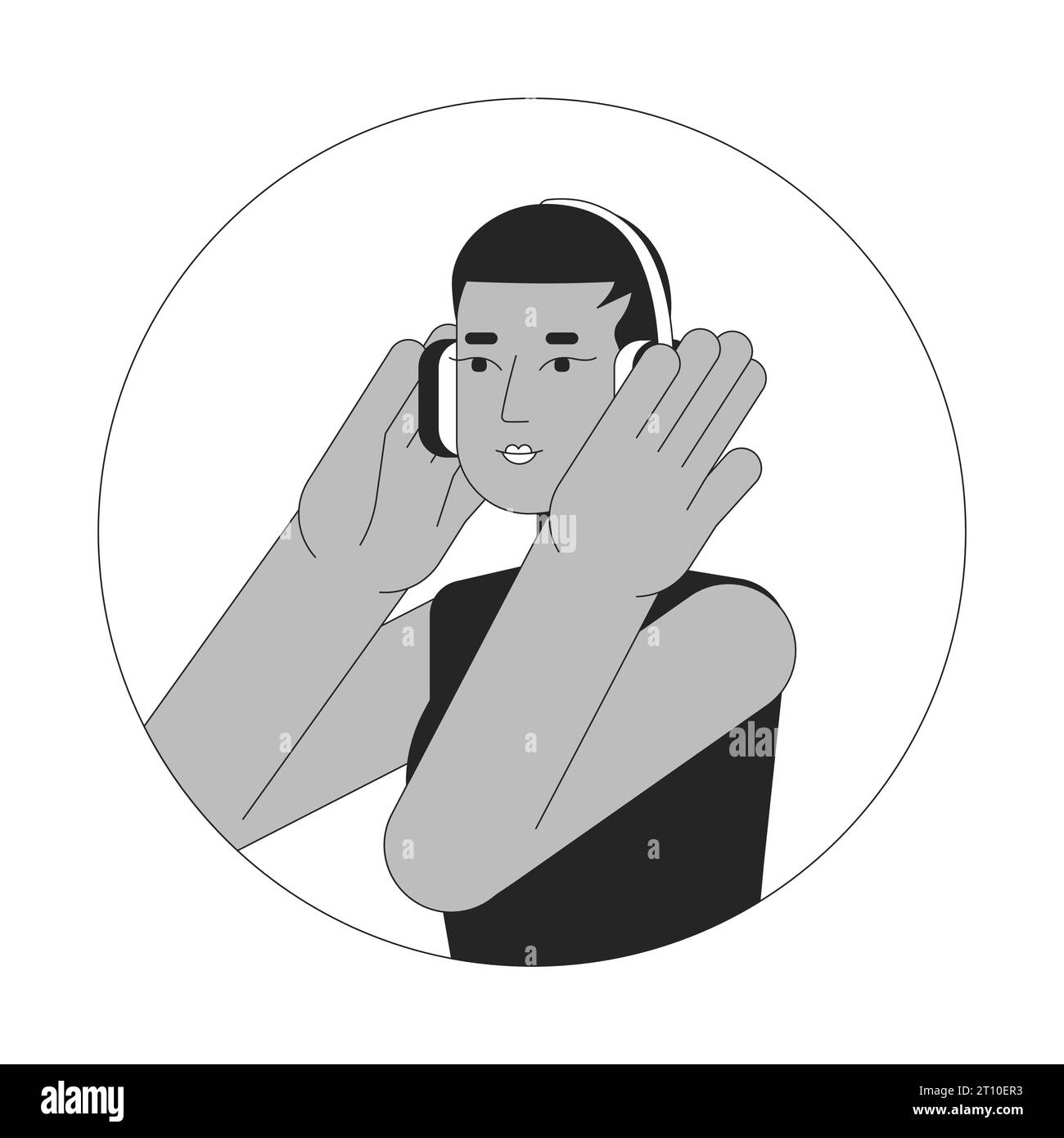 Cuffie afro-americane a capelli corti, illustrazione dell'avatar vettoriale 2D in bianco e nero Illustrazione Vettoriale
