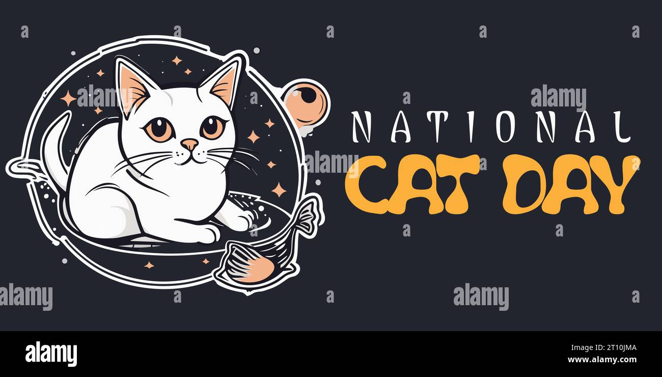 Sfondo del National Cat Day un carino cartone animato Cat Innocence Face. Happy Animals Friendship Between Humans and Cats. Animali domestici e animali domestici in giornata Illustrazione Vettoriale