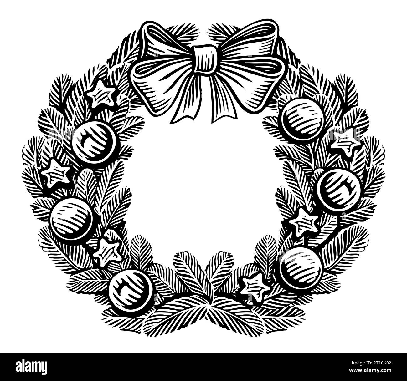Corona natalizia di rami di abete, decorata con arco di raso e palle decorative. Illustrazione di schizzi vintage Foto Stock