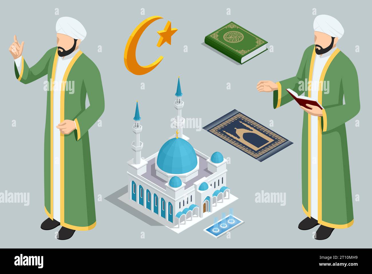 Imam isometrico, Libro islamico Corano luna e stella mezzaluna, Moschea, Islam, religione. Simbolo islamico. Le icone islamiche possono essere utilizzate per il mese del Ramadan Illustrazione Vettoriale