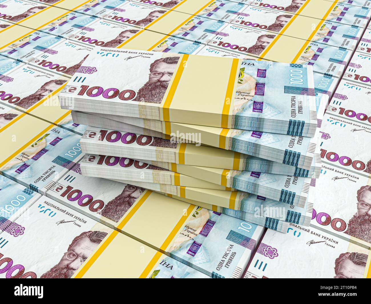 Concetto finanziario ucraino di hryvnia. Hryvnia 1000 banconote impilate, simboleggiano ricchezza, risparmio e successo finanziario in Ucraina. Affari e valuta Foto Stock