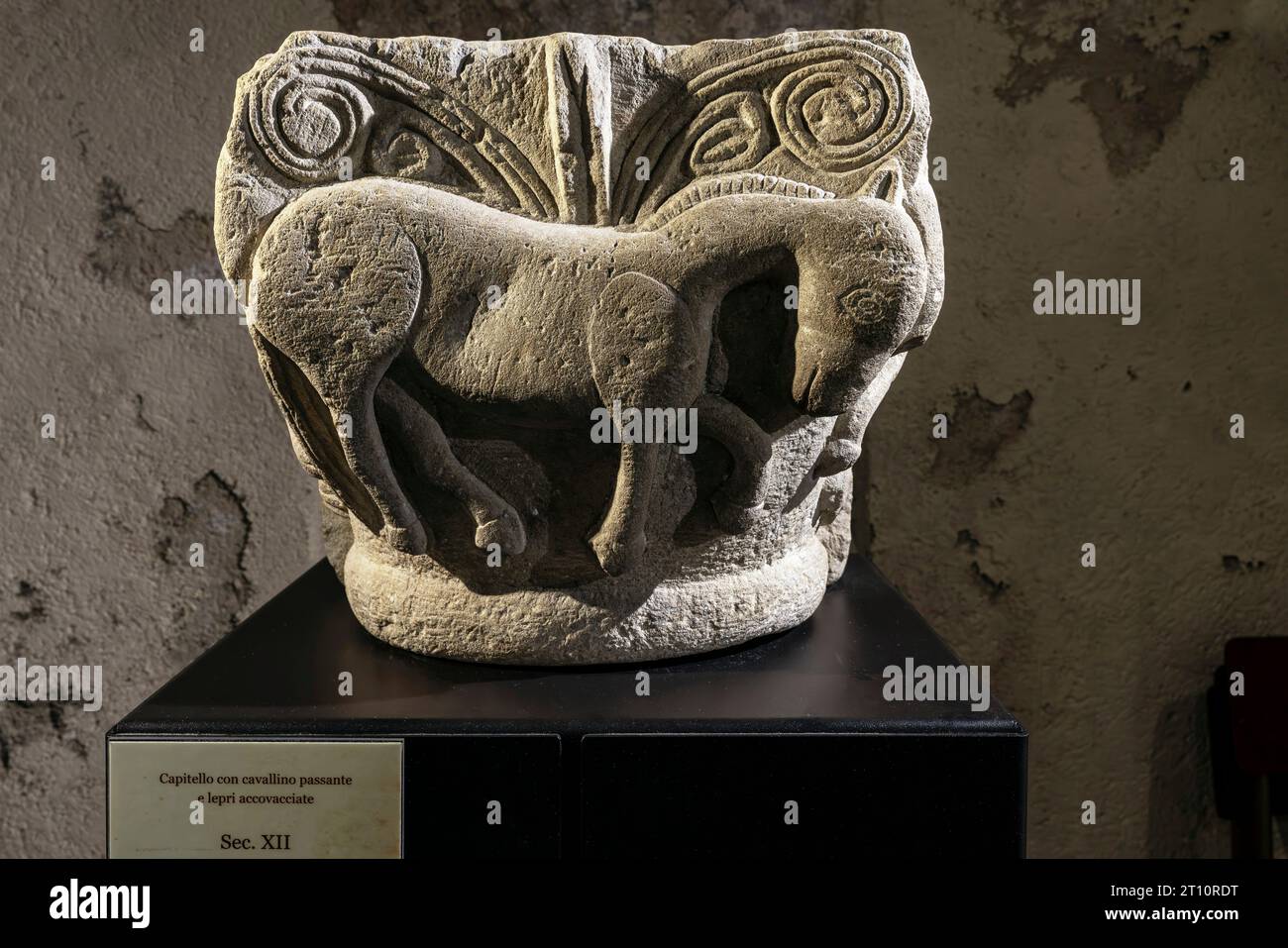 Capitale pre-romanica di una colonna con un cavallo di passaggio e lepri accovacciate nella cripta sotto la cattedrale di Ventimiglia in Liguria. Foto Stock