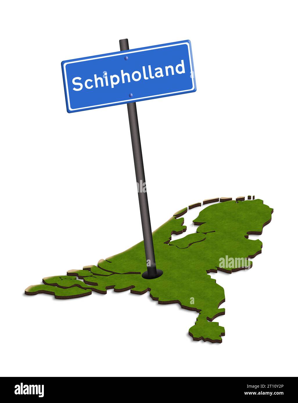 Mappa digitale 3d composita dei Paesi Bassi con un segno Schipholland. La continua crescita dell'aeroporto continua con i partiti politici al potere che parlano di limitare la crescita e non di ridurla. Gran parte della crescita è prevista per soddisfare le esigenze dei passeggeri in transito. E' intenzione che i vacanzieri olandesi debbano volare da Lelystad. Credito: Imago/Alamy Live News Foto Stock