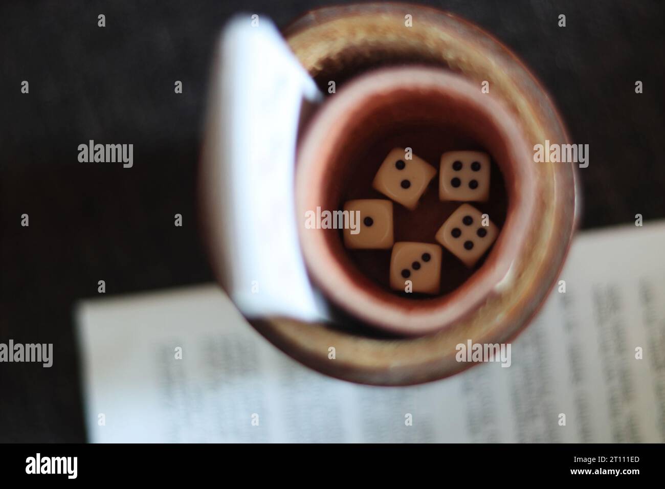 Cinque dadi bianchi e carte sono stesi nella tazza in pelle. Pezzo di carta sbiadito con regole di gioco sullo sfondo. Messa a fuoco selettiva. Sfocatura. Foto Stock