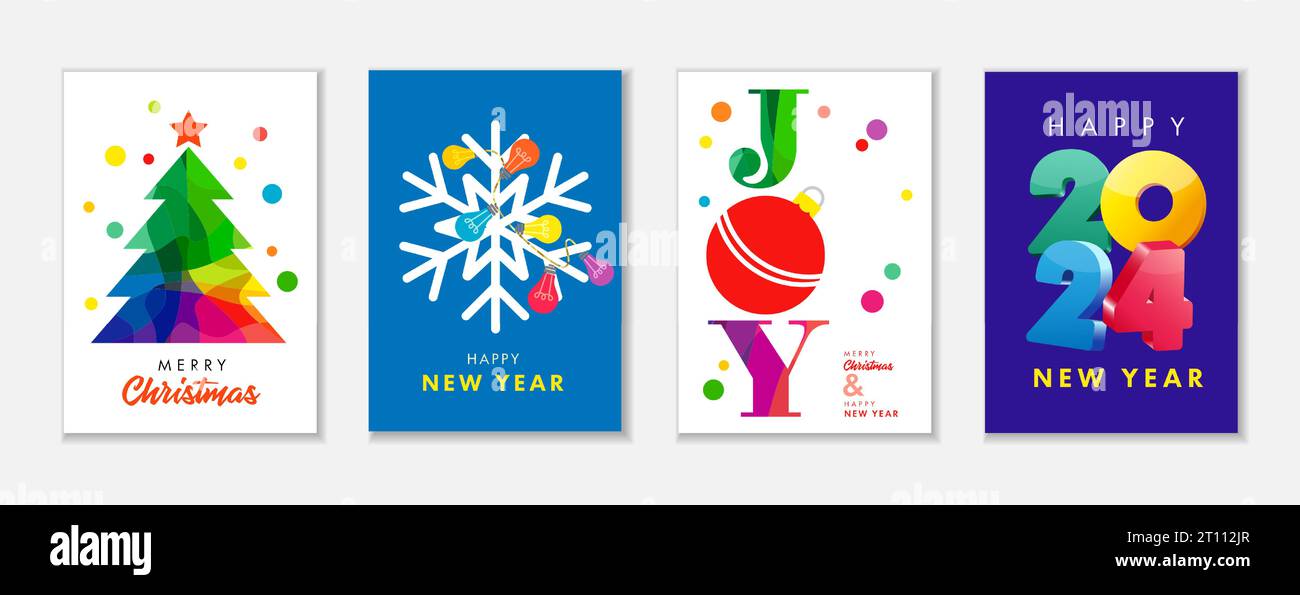 Set di biglietti di auguri creativi per buon Natale e felice anno nuovo 2024. Concetti illustrativi vettoriali per biglietti d'auguri di sfondo, inviti a feste Illustrazione Vettoriale