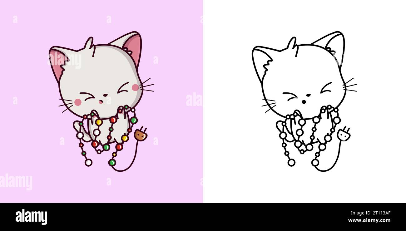 Capodanno Kawaii White Cat Clipart multicolore e bianco e nero. Carino Kawaii Christmas Kitten. Illustrazione Vettoriale