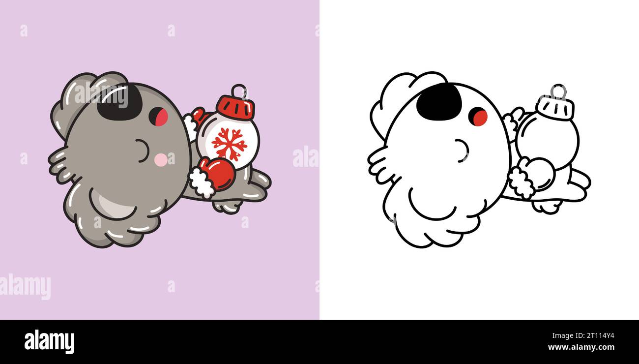 Capodanno Kawaii Koala Bear per colorare pagina e illustrazione. Adorabile animale natalizio con Clip Art. Illustrazione Vettoriale