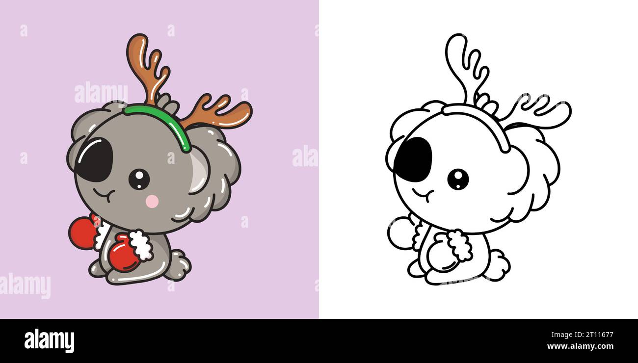 Kawaii Clipart Christmas Koala Bear Illustration e for Coloring Page. Divertente Kawaii Xmas Animal. Illustrazione Vettoriale