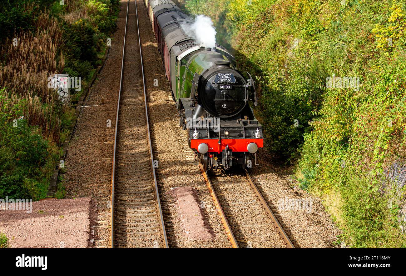 Dundee, Tayside, Scozia, Regno Unito. 10 ottobre 2023. Il Flying Scotsman sta facendo il suo ultimo viaggio dell'anno in Scozia. La locomotiva a vapore più famosa del mondo, The Flying Scotsman, che passa attraverso Dundee in orario oggi alle 12:12:00, 10 ottobre 2023, in rotta per Aberdeen da Edimburgo per poi tornare più tardi nel corso della giornata. La locomotiva sta attualmente festeggiando il suo 100° anno con viaggi attraverso la Scozia. Oggi il Flying Scotsman fa il suo ultimo viaggio prima di tornare a casa al National Railway Museum di York. Crediti: Dundee Photographics/Alamy Live News Foto Stock