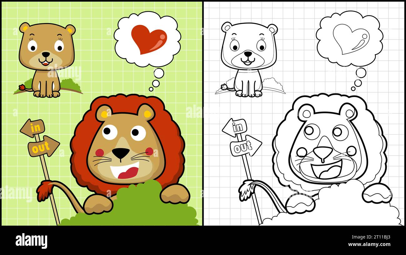 Libro da colorare con cartoni animati per coppie di leoni Illustrazione Vettoriale