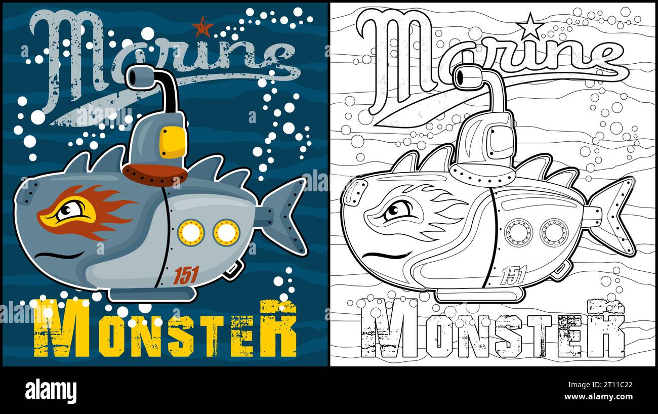 Libro da colorare di illustrazioni di cartoni animati sottomarini mostri sottomarini Illustrazione Vettoriale
