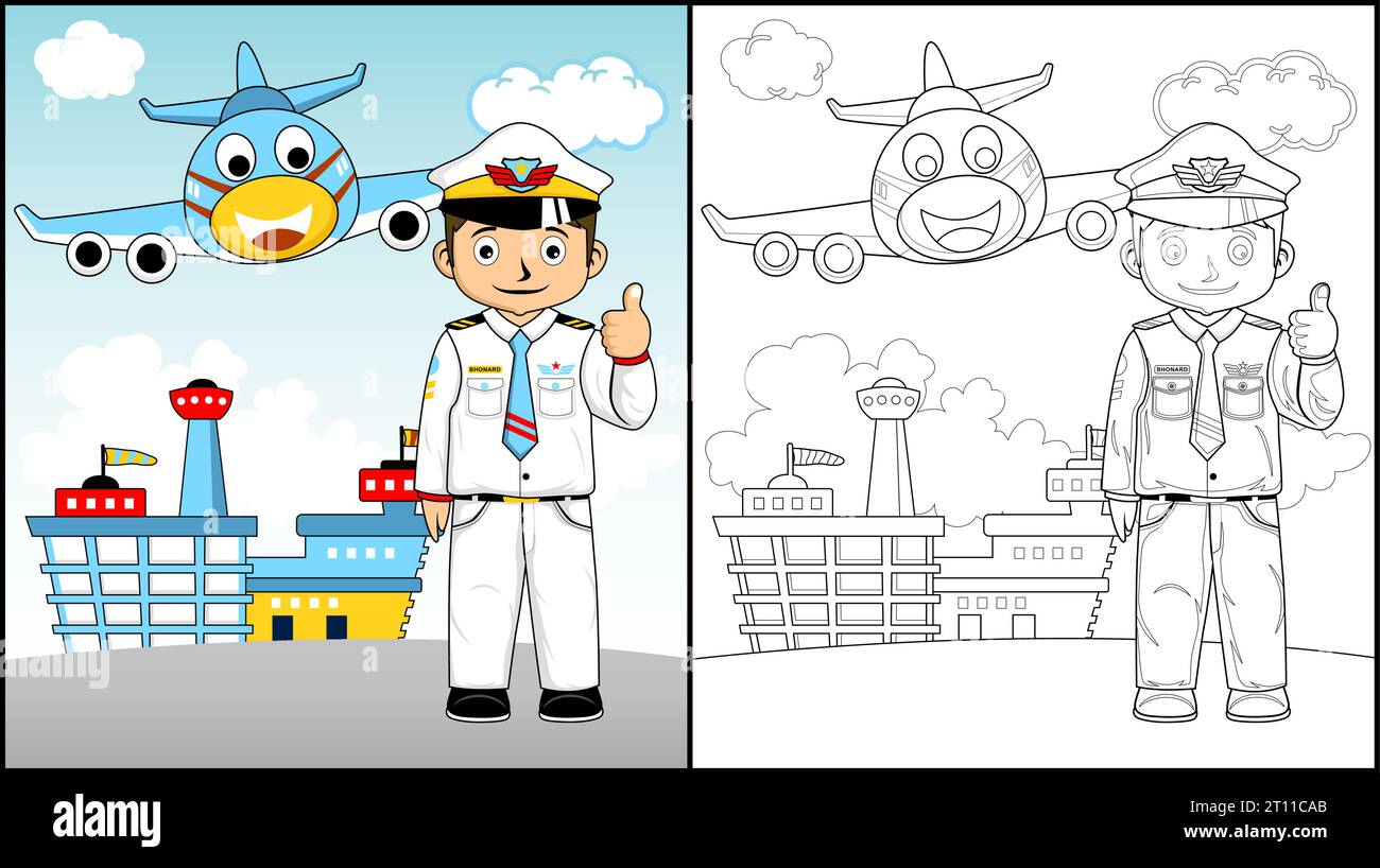 Libro da colorare del pilota con un divertente aereo sullo sfondo dell'aeroporto Illustrazione Vettoriale