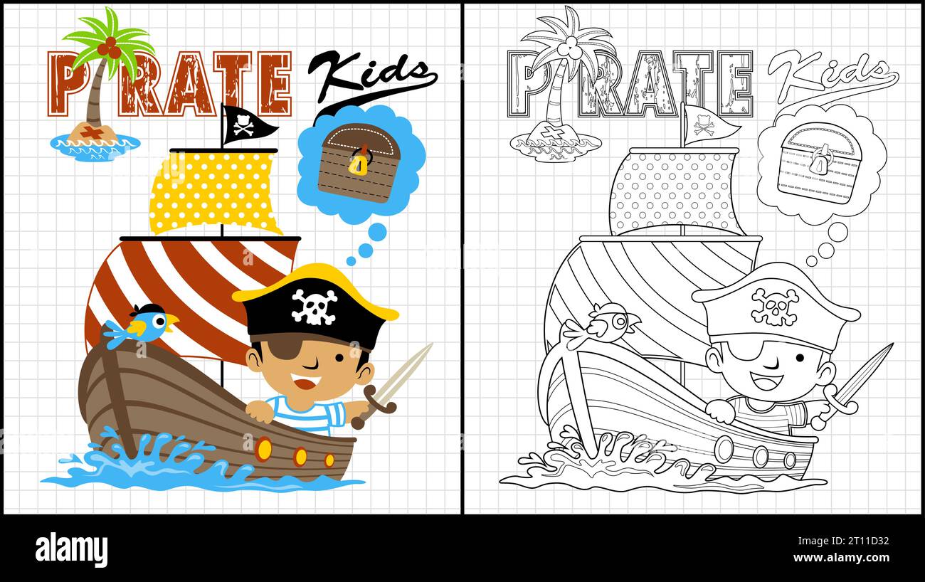 Colorare il libro di un ragazzo in costume da pirata mentre tiene la spada con il pappagallo sulla barca a vela Illustrazione Vettoriale