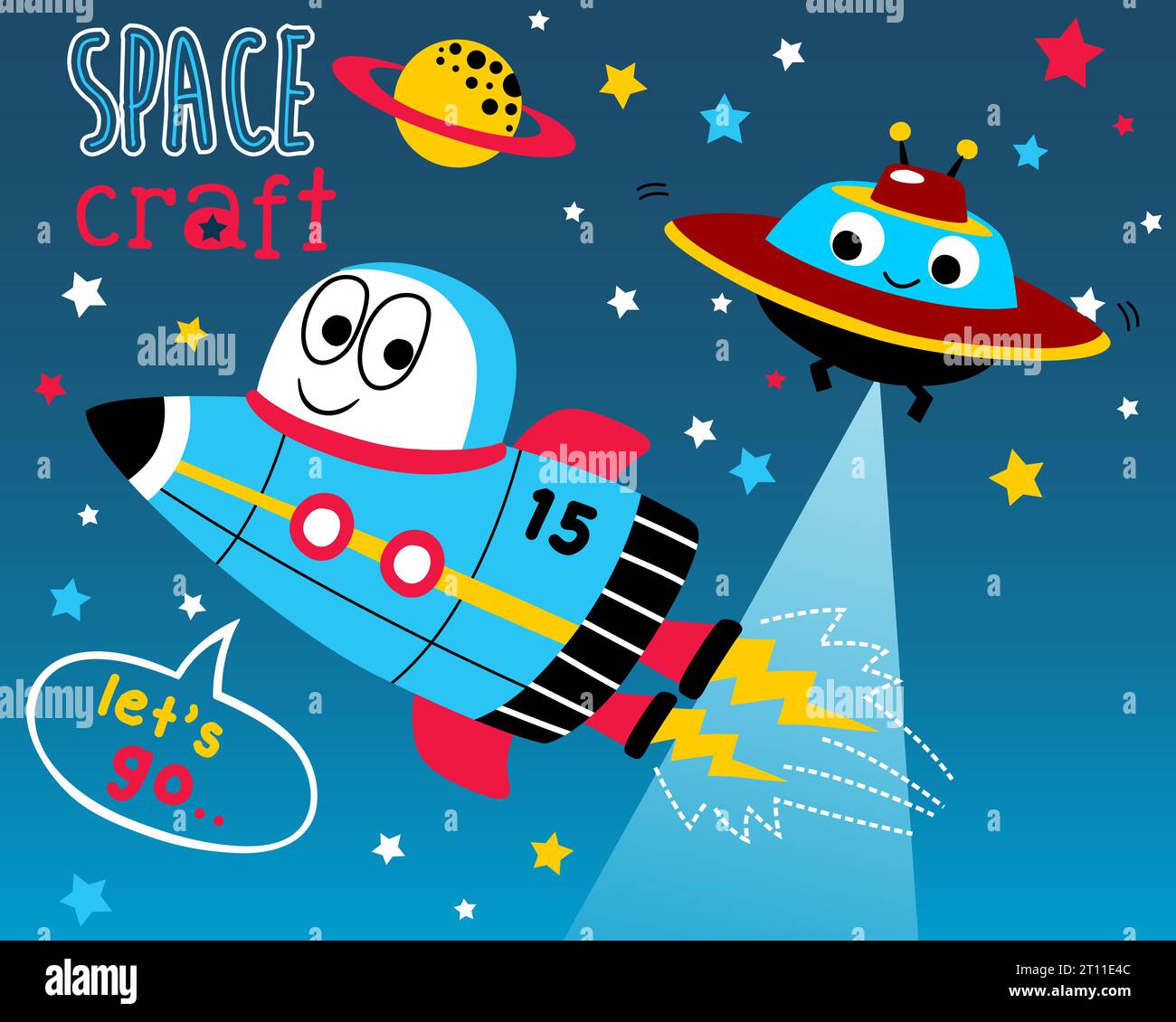 Vettoriale di divertenti cartoni animati di veicoli spaziali in galassia Illustrazione Vettoriale