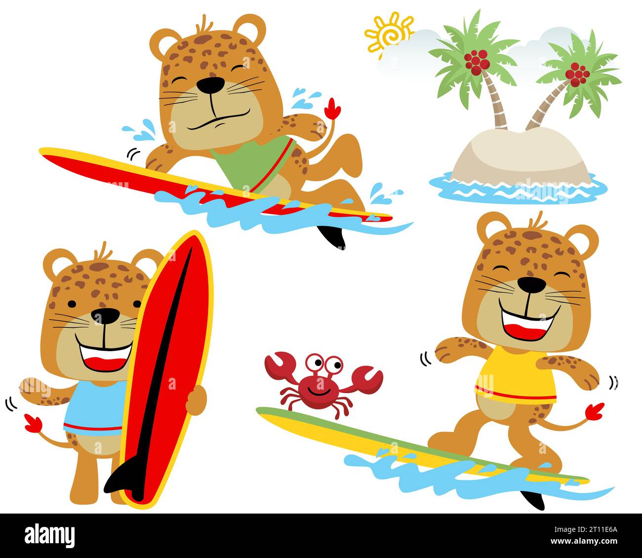 Set vettoriale di divertenti tigri da cartoni animati in spiaggia Illustrazione Vettoriale